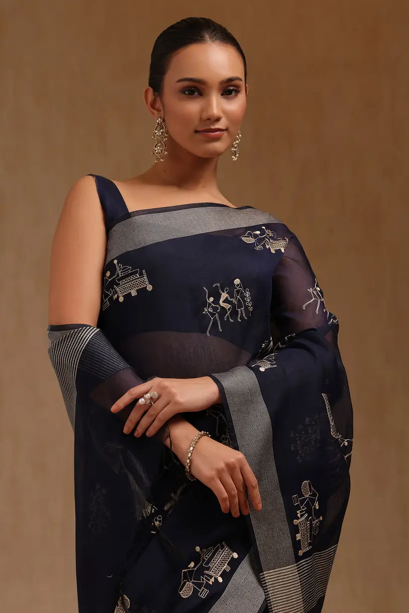 Navy Blue Chanderi Warli Saree With Thread Work